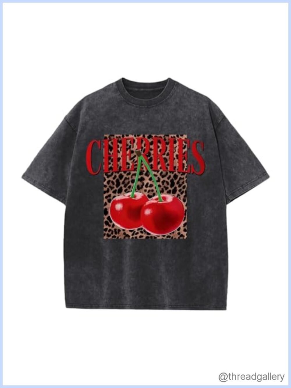 Oversized Cherry Graphic Tee Vintage Leopard Print Acid Wash Crewneck Streetwear